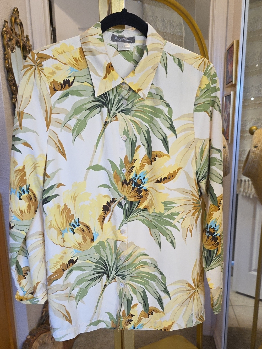 Tommy Bahama Yellow Green Tropical Floral Button-Down Silk Shirt Medium